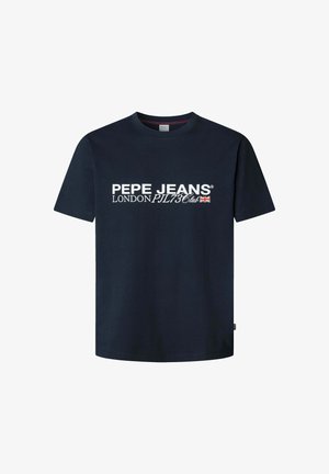 Mornarsko modra majica s kratkimi rokavi iz bombaža, z belim logotipom "PEPE JEANS LONDON PJL73Club" in akcentom britanske zastave.