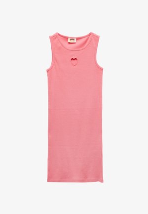 Rosa ärmelloses Kleid aus weicher Baumwolle mit rundem Ausschnitt und herzförmigem Ausschnitt auf der Vorderseite. Einfaches, gerades Design.