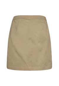 Khaki lühike seelik sirge lõikega, valmistatud puuvillast kangast, ees on voldid, sile tekstuur ja puhas viimistlus ääres.