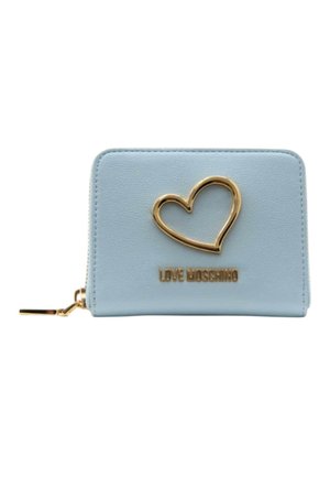 Portafoglio azzurro chiaro con zip, contorno a forma di cuore dorato e logo "Love Moschino" sul davanti.