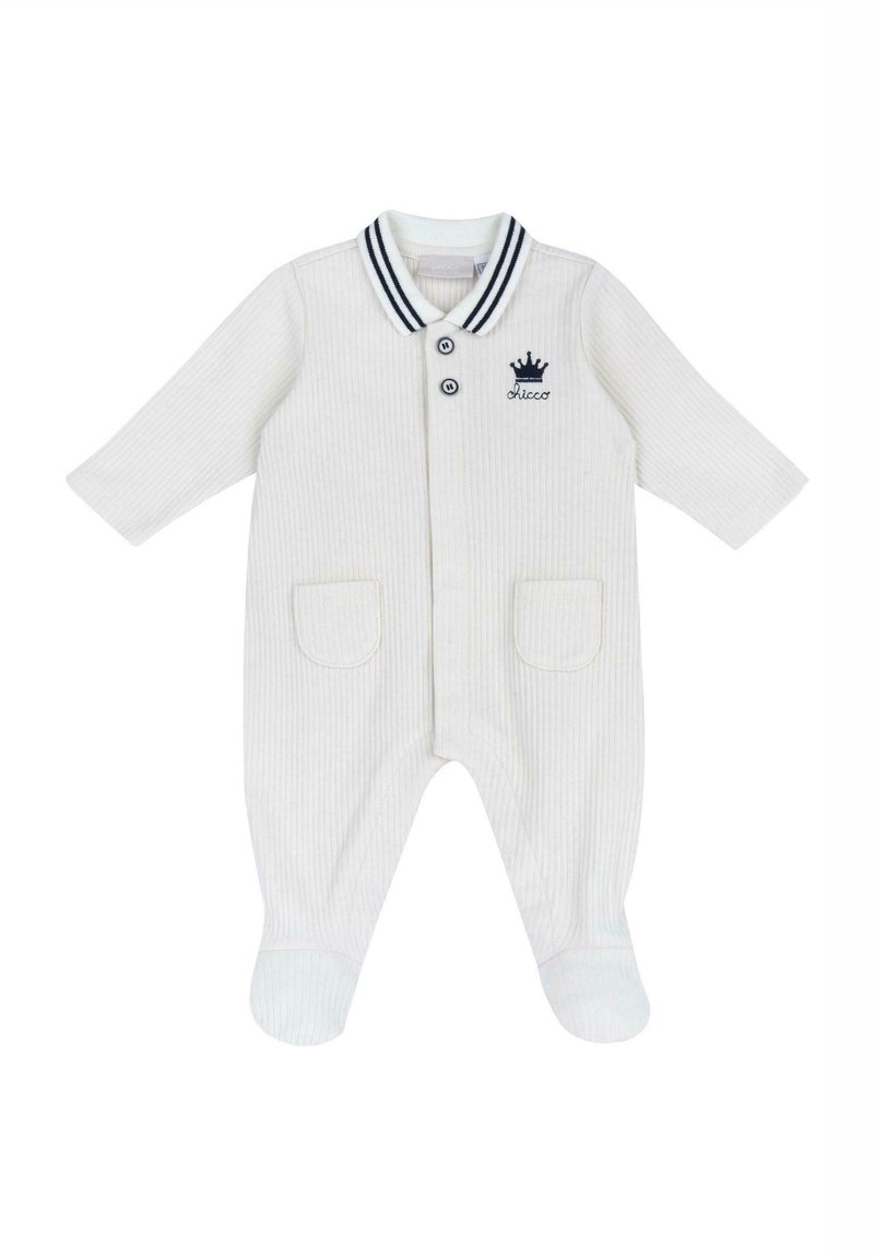 Barboteuse pour bébé blanche côtelée avec un col rayé bleu marine, deux poches sur le devant et une petite broderie de couronne. Caractéristiques : boutons-pression et design avec pieds.