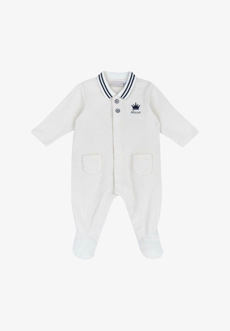 Barboteuse pour bébé blanche côtelée avec un col rayé bleu marine, deux poches sur le devant et une petite broderie de couronne. Caractéristiques : boutons-pression et design avec pieds.