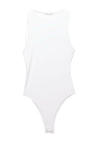 Bodysuit sans manches blanc avec un col rond, tissu lisse, design ajusté et fermeture à pressions en bas.