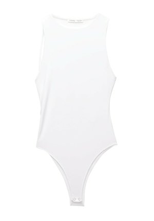 Bodysuit sans manches blanc avec un col rond, tissu lisse, design ajusté et fermeture à pressions en bas.