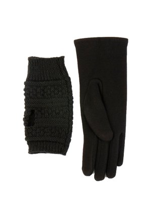 Guanti neri lavorati a maglia con un design testurizzato e un guanto senza dita abbinato. Tessuto morbido, costruzione senza cuciture e texture calda.