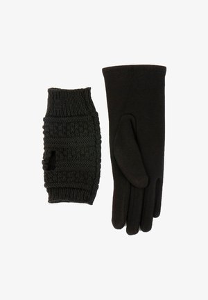 Guanti neri lavorati a maglia con un design testurizzato e un guanto senza dita abbinato. Tessuto morbido, costruzione senza cuciture e texture calda.