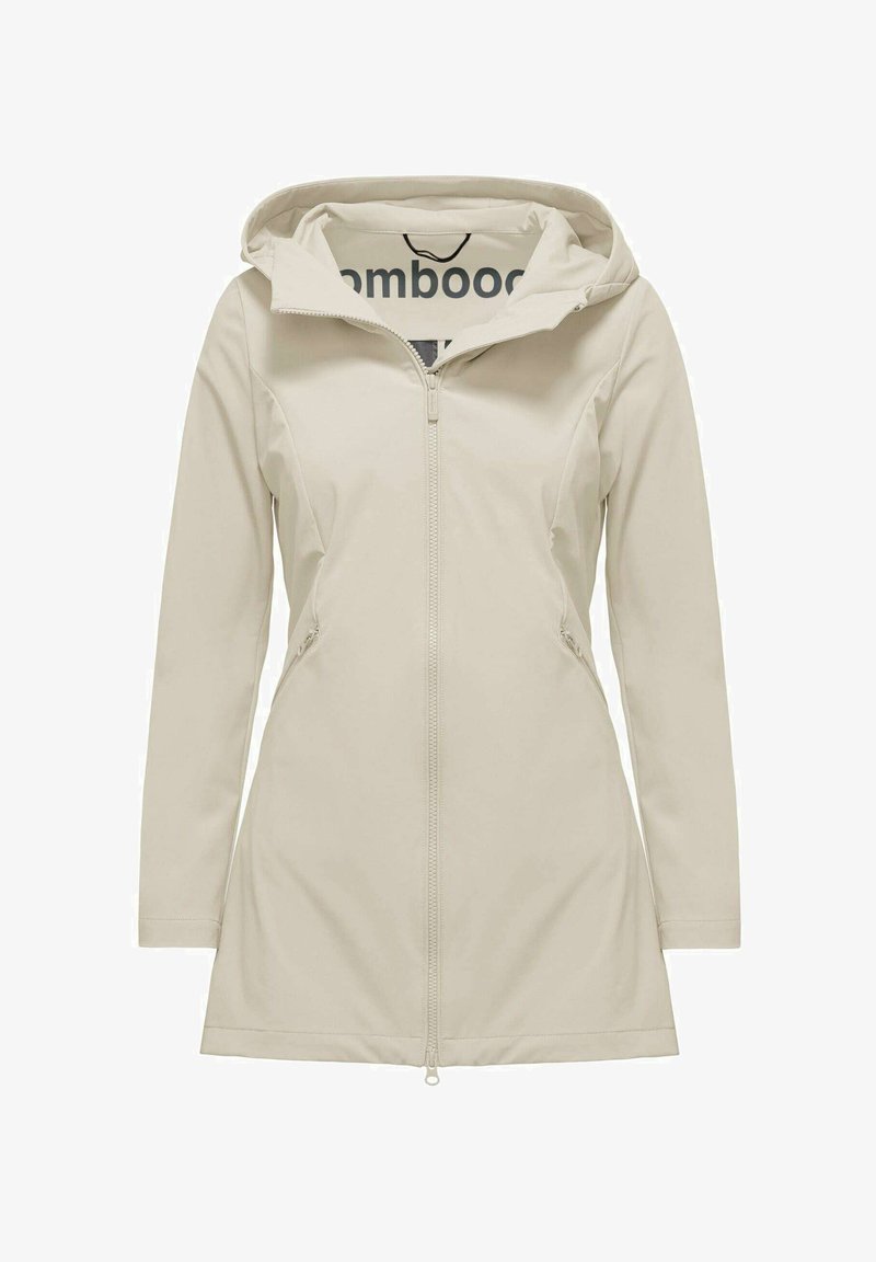 Lichtbeige lange jas met een capuchon, voorzien van een rits aan de voorkant, zijzakken en een gladde, matte textuur. Eenvoudig, gestroomlijnd ontwerp.