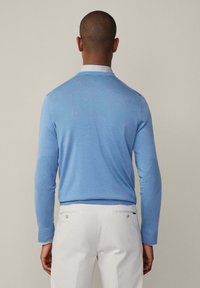 Hellblauer Strickpullover mit langen Ärmeln, ausgestattet mit gerippten Bündchen und einem strukturierten Rücken. Trägt eine weiße Bluse mit Kragen und ist mit hellen Hosen kombiniert.