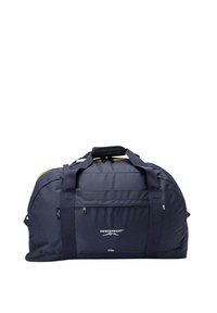 Borsa duffel marina con accenti gialli, realizzata in tessuto durevole. Include doppi manici, tasca frontale con zip e logo bianco. Capacità di 70 litri.