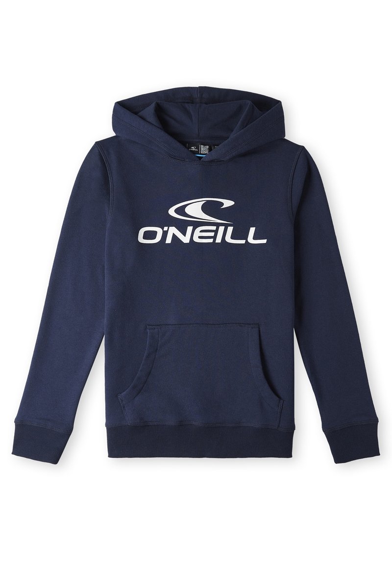 Sweatshirt à capuche bleu marine en tissu doux, avec une poche avant et un grand logo O'Neill blanc sur la poitrine.