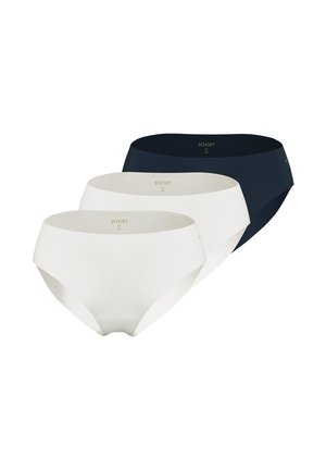 Trois paires de slips taille moyenne pour femmes en blanc et bleu marine, étiquetés JOOP!, taille M/38, disposés en rangée décalée sur un fond blanc.