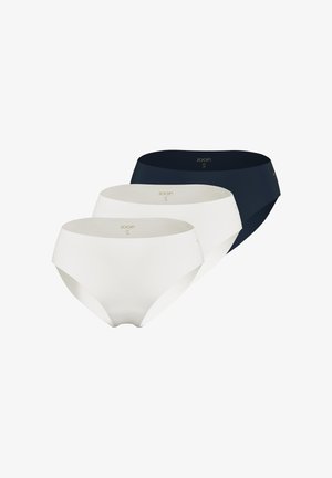 Trois paires de slips taille moyenne pour femmes en blanc et bleu marine, étiquetés JOOP!, taille M/38, disposés en rangée décalée sur un fond blanc.
