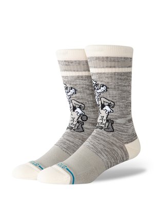Gray socks with a striped pattern, featuring a graphic design in black and white, and a cream-colored cuff and toe.