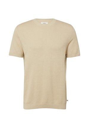 Beżowy sweter z krótkim rękawem wykonany z dzianiny o fakturowanym wzorze, z okrągłym dekoltem oraz ściągaczami na mankietach i dole.