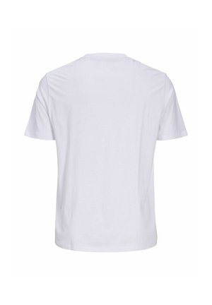 Tricou simplu alb cu mâneci scurte, văzut din spate, cu guler rotund și tiv drept.