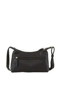 Borsa a tracolla nera in pelle con superficie testurizzata, scomparto principale con zip e tasca frontale; tracolla regolabile con dettagli in metallo.