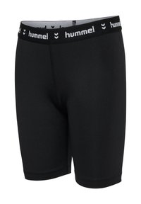 Sorte atletiske kompressionstrusser med bred elastisk linning med gentaget hvidt "hummel"-logo og chevron-symboler.