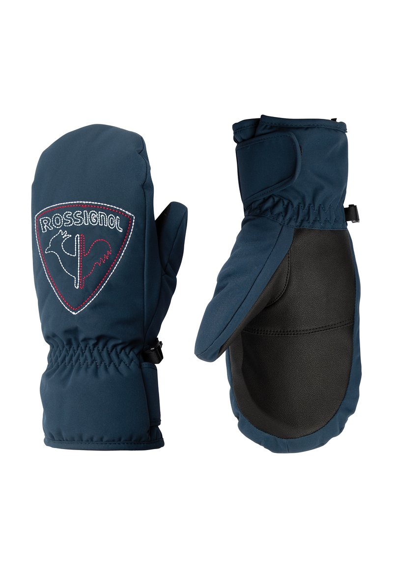 Manoplas azul marino hechas de tela suave con palma de cuero, que cuentan con un logo bordado y muñequera elástica para un ajuste seguro.