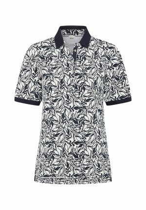 Polo blanc à manches courtes avec motif de feuilles bleu marine, col bleu marine et poignets de manches bleu marine, doté d'une patte de boutonnage à trois boutons.