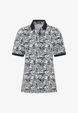 Hvid polo med korte ærmer, navyblåt bladmønster, navy krave og navy kant på ærmerne, med en tre-knaps lukning.