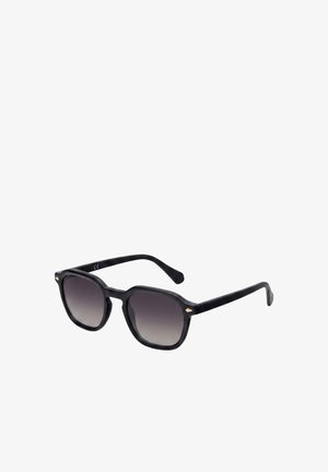 Black square-frame sunglasses with gradient dark lenses and subtle gold accents on the upper corners of the frames.