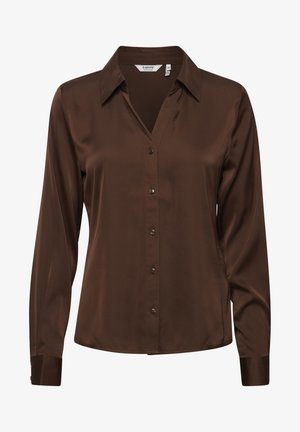 Brun satinbluse med lange ærmer, V-udskæring, knaplukning og manchetter. Glat tekstur, tætsiddende form og subtil glans.