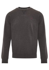 Dunkelgrauer Sweatshirt aus weichem Stoff. Hat einen Rundhalsausschnitt, gerippte Bündchen und einen gerippten Saum sowie ein kleines Logodesign. Sauberes, minimalistisches Design.