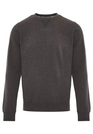 Donkergrijze sweatshirt gemaakt van zachte stof. Beschikt over een ronde halslijn, ribgebreide manchetten en zoom, en een klein logo-detail. Eenvoudig, minimalistisch ontwerp.