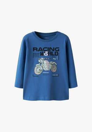 Niebieska koszula z długim rękawem z napisem „Racing World” oraz odblaskową geometryczną grafiką motocykla na przodzie.