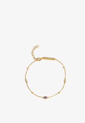 Bracelet en or avec une chaîne délicate, de petites perles rondes et une pierre d'améthyste. Longueur ajustable avec une fermeture à mousqueton.