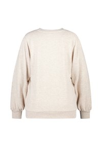 Sweatshirt beige à manches longues, col rond, avec des poignets et un ourlet côtelés, vu de dos sur fond blanc.