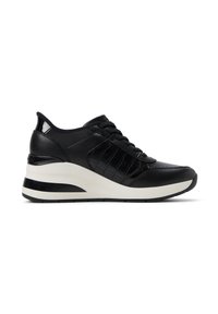Svarta sneakers med en texturerad läderövre del, snörningsdesign, dold kilklack och en genomskinlig vit mellansula samt svart yttersula.