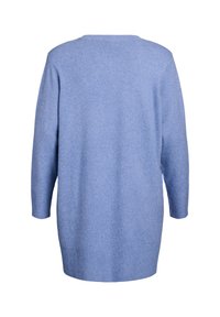 Maglione azzurro chiaro con una vestibilità ampia, maniche lunghe, scollo rotondo, polsini e orlo a coste. Il tessuto sembra morbido e texturizzato.