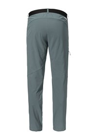 Graue Outdoor-Hosen aus leichtem Material, mit einem schwarzen elastischen Bund, seitlichen Taschen und einer taillierten Passform.