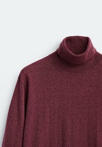 Burgunderfarbener Rollkragenpullover aus weichem Stoff, mit tailliertem Hals und langen Ärmeln, einer glatten Textur und minimaler Verzierung.