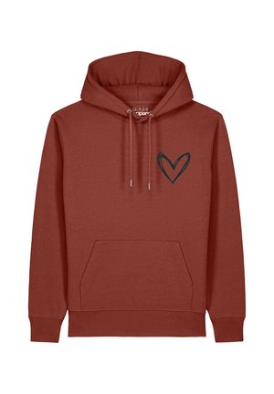 Rostfarbener Hoodie mit Fronttasche, verstellbaren Kordeln und einem schwarz handgezeichneten Herz auf der linken Brust.