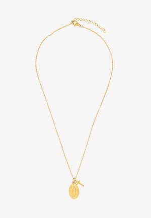 Zlato obarvana verižica z ovalnim medaljonom, ki prikazuje versko osebo, z majhnim križcem in nežno verigo.