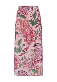 Midi-Rock aus leichtem Stoff mit floralen Mustern. Hat einen rosa Hintergrund mit grünen und mehrfarbigen Blumenmustern. Elastischer Bund.