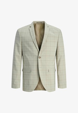 Gai pelēks žakets ar režģa rakstu beigtu un brūnu toņu nokrāsās. Iespējas ietver piegrieztus atlokus, vienu pogu un divas priekšējās kabatas.