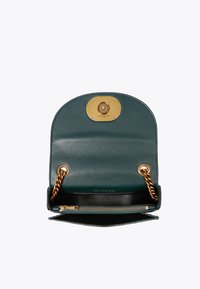 Borsa a tracolla in pelle verde con flap arrotondato, dettagli in metallo dorato, una tracolla a catena e un comparto con zip. L'interno è foderato in nero.