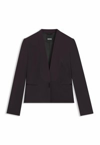 Sort cropped blazer med dyb V-hals, lange ærmer, glat stof og to skjulte sidelommer. Logomærke synligt ved halsudskæringen.