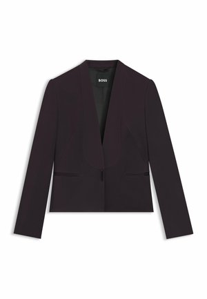 Zwarte cropped blazer met een diepe V-hals, lange mouwen, een soepele stof en twee verborgen zijzakken. Logo label zichtbaar bij de halslijn.