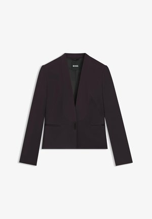 Sort cropped blazer med dyb V-hals, lange ærmer, glat stof og to skjulte sidelommer. Logomærke synligt ved halsudskæringen.