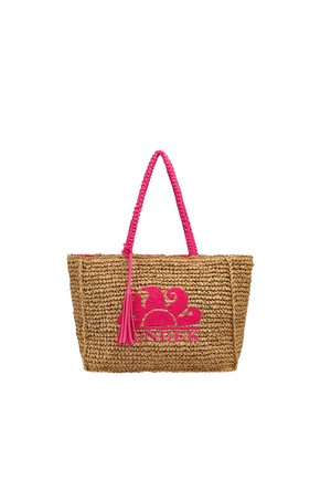 Borsa tote in paglia intrecciata con manici rosa acceso, nappina e logo sole con testo sul davanti.