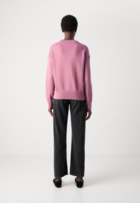 Persona in piedi, voltata di spalle, indossa un maglione rosa a maniche lunghe, pantaloni neri larghi, scarpe nere e orecchini a cerchio su uno sfondo bianco.