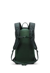 Sac à dos vert avec panneau arrière en maille, bretelles rembourrées et accents à motif quadrillé. Sangle de poitrine ajustable et design ergonomique pour le confort.