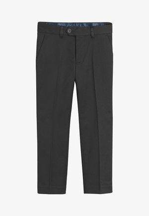 Pantalon habillé noir pour homme, coupe ajustée, avec passants pour ceinture, fermeture à boutons sur le devant, poches latérales, et une doublure de ceinture intérieure bleue.