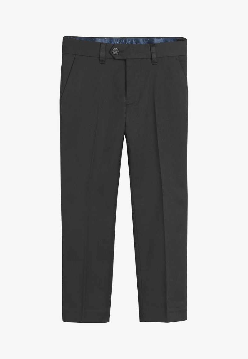 Pantalon habillé noir pour homme, coupe ajustée, avec passants pour ceinture, fermeture à boutons sur le devant, poches latérales, et une doublure de ceinture intérieure bleue.