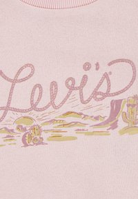 Rosa Kleidungsstück mit "Levi's" in einer Seil-Schriftart, umgeben von einer Wüstenlandschaft mit Kakteen und einer aufgehenden Sonne.