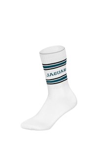 Biała bawełniana skarpetka o prążkowanej strukturze, z czarnymi i turkusowymi paskami oraz napisem "JAGUARS" tkanym na kostce.
